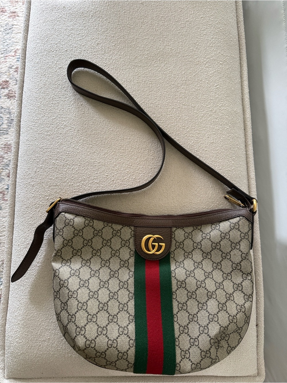 Gucci Beige GG Supreme Shoulder Bag with Green & Red Web